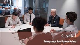  Presentation with big group people - Cool new theme with people group brainstorming on meeting backdrop and a tawny brown colored foreground