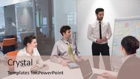  Presentation with business group meeting - PPT theme consisting of people group brainstorming on meeting background and a  colored foreground