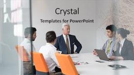  Presentation with group of people - Colorful presentation theme enhanced with people group brainstorming on meeting backdrop and a  colored foreground