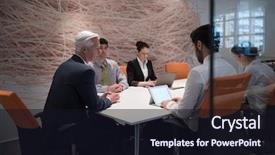  Presentation with business group meeting - Cool new presentation theme with people group brainstorming on meeting backdrop and a  colored foreground