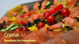  Presentation with catering - Slide set with people group catering buffet food indoor in luxury restaurant with meat colorful fruits and vegetables background and a tawny brown colored foreground