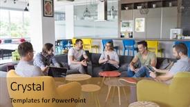  Presentation with team group - Audience pleasing PPT layouts consisting of people group in modern office backdrop and a  colored foreground