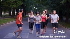  Presentation with team group - Slide set having people group jogging runners team background and a ocean colored foreground