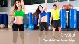  Presentation with fitness dance - PPT theme featuring people group training at fitness background and a coral colored foreground