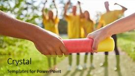  Presentation with baton - Beautiful PPT theme featuring people hand over a baton backdrop and a gold colored foreground