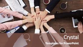  Presentation with business partner people joining hand - Beautiful presentation theme featuring people hands over table team backdrop and a  colored foreground