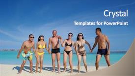  Presentation with community service happy volunteer group - PPT layouts enhanced with people have fun on bach background and a ocean colored foreground