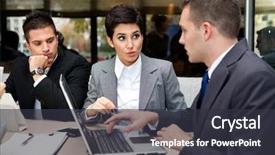  Presentation with discussion - Colorful slide set enhanced with people having discussion on meeting backdrop and a dark gray colored foreground