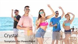  Presentation with beach party - Amazing PPT theme having people having party on beach backdrop and a  colored foreground