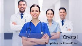  Presentation with health care team building - Amazing PPT layouts having people health care and medic backdrop and a light blue colored foreground