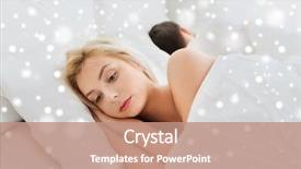 Presentation with sleep health - Slides featuring people health sleep disorder concept - couple lying in bed at home and young woman suffering from insomnia over snow background and a coral colored foreground