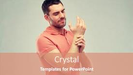  Presentation with unhappy - Cool new slide deck with people healthcare and problem concept - unhappy man suffering from pain in hand over gray background backdrop and a coral colored foreground