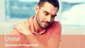  Presentation with shoulder pain - Beautiful presentation theme featuring people healthcare and problem concept - unhappy man suffering from neck or shoulder pain at home backdrop and a coral colored foreground