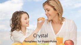  Presentation with family healthy eating - Beautiful theme featuring people healthy lifestyle family and food concept - happy mother and daughter eating healthy breakfast over blue sky background backdrop and a lemonade colored foreground