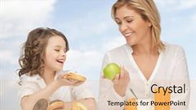  Presentation with family healthy eating - Slides enhanced with people healthy lifestyle family and food concept - happy mother and daughter eating healthy breakfast over blue sky background background and a lemonade colored foreground