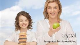  Presentation with family healthy eating - Slide deck consisting of people healthy lifestyle family and unhealthy food concept - happy mother and daughter eating different food over blue sky background background and a lemonade colored foreground