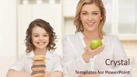  Presentation with family healthy eating - Presentation theme featuring people healthy lifestyle family and unhealthy food concept - happy mother and daughter eating different food over home kitchen background background and a lemonade colored foreground