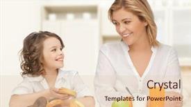  Presentation with family healthy eating - Presentation theme consisting of people healthy lifestyle family and unhealthy food concept - happy mother and daughter eating different food over home kitchen background background and a lemonade colored foreground