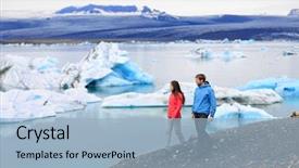  Presentation with beautiful mountains river lake sky nature - Colorful presentation theme enhanced with people hiking on iceland jokulsarlon backdrop and a light blue colored foreground