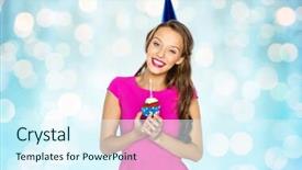  Presentation with party lights - Cool new theme with people holidays and celebration concept - happy young woman or teen girl in pink dress and party cap holding birthday cupcake with burning candle over blue holidays lights background backdrop and a sky blue colored foreground