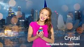  Presentation with birthday celebration - Amazing presentation having people holidays and celebration concept - happy young woman or teen girl in pink dress and party cap holding birthday cupcake with burning candle backdrop and a ocean colored foreground
