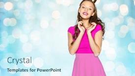  Presentation with blue lights - Beautiful PPT layouts featuring people holidays and fashion concept - happy young woman or teen girl in pink dress and princess crown over blue holidays lights background backdrop and a cool aqua colored foreground