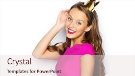  Presentation with princess - Audience pleasing PPT theme consisting of people holidays and fashion concept - happy young woman or teen girl in pink dress and princess crown backdrop and a lemonade colored foreground