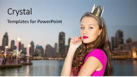  Presentation with princess - Presentation with people holidays and fashion concept - young woman or teen girl in pink dress and princess crown over evening city waterfront background background and a light blue colored foreground