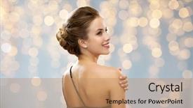  Presentation with glamour - Slides having people holidays and glamour concept - smiling woman in evening dress from the back over lights background background and a coral colored foreground
