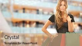  Presentation with people mall - PPT theme having people holidays and sale concept - young happy woman with shopping bags over mall background background and a coral colored foreground