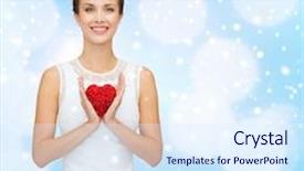  Presentation with blue lights - Presentation having people holidays charity and love concept - smiling woman in white dress with red heart over blue lights background and snow background and a sky blue colored foreground