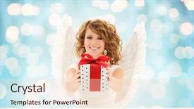  Presentation with christmas angel - Colorful presentation enhanced with people holidays christmas and birthday concept - happy young woman with angel wings holding gift box over lights background backdrop and a lemonade colored foreground