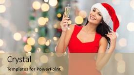  Presentation with sexy santa woman red - Colorful PPT theme enhanced with people holidays christmas and celebration concept - beautiful sexy woman in santa hat and red dress with champagne glass over lights background backdrop and a coral colored foreground