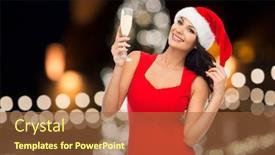  Presentation with sexy santa woman red - Cool new theme with people holidays christmas and celebration concept - beautiful sexy woman in santa hat and red dress with champagne glass backdrop and a tawny brown colored foreground