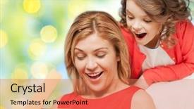  Presentation with green lights - Presentation enhanced with people holidays christmas and family concept - happy mother and daughter opening gift box over green lights background background and a coral colored foreground