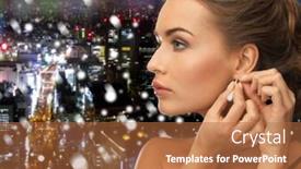  Presentation with glamour - Presentation theme featuring people holidays christmas and glamour concept - close up of beautiful woman wearing earrings over snowy night city background background and a red colored foreground