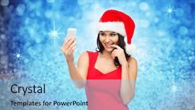  Presentation with sexy santa woman red - PPT theme with people holidays christmas and technology concept - beautiful sexy woman in red santa hat taking selfie picture by smartphone over blue glitter or lights background background and a light blue colored foreground