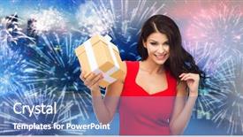  Presentation with firework - Theme having people holidays christmas new year party and celebration concept - beautiful sexy woman in red dress with gift box over night city and firework background background and a teal colored foreground