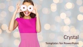  Presentation with teen food - Theme consisting of people holidays junk food and fast food concept - happy young woman or teen girl in pink dress having fun and looking through donuts over lights background background and a lemonade colored foreground