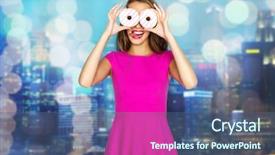  Presentation with teen food - Audience pleasing PPT theme consisting of people holidays junk food and fast food concept - happy young woman or teen girl in pink dress having fun looking through donuts and showing tongue backdrop and a ocean colored foreground