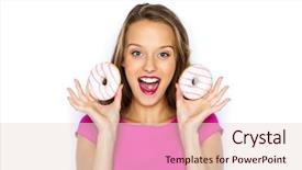  Presentation with donuts pink - Presentation theme featuring people holidays junk food and fast food concept - happy young woman or teen girl in pink dress with donuts background and a lemonade colored foreground