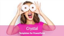  Presentation with teen food - PPT theme having people holidays junk food and fast food concept - happy young woman or teen girl in pink dress having fun and looking through donuts background and a coral colored foreground