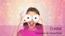  Presentation with teen food - Cool new PPT theme with people holidays junk food and fast food concept - happy young woman or teen girl in pink dress having fun and looking through donuts over rose quartz and serenity lights background backdrop and a coral colored foreground