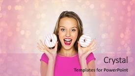  Presentation with teen food - Presentation theme having people holidays junk food and fast food concept - happy young woman or teen girl in pink dress with donuts over rose quartz and serenity lights background background and a coral colored foreground