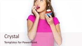  Presentation with teen food - PPT theme with people holidays party junk food and celebration concept - happy young woman or teen girl in pink dress with birthday cupcake background and a lemonade colored foreground