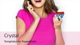  Presentation with teen food - Presentation enhanced with people holidays party junk food and celebration concept - happy young woman or teen girl in pink dress with birthday cupcake background and a coral colored foreground