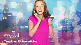  Presentation with teen food - Slide set featuring people holidays party junk food and celebration concept - happy young woman or teen girl in pink dress with birthday cupcake over night city and holidays lights background background and a purple colored foreground