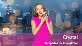  Presentation with teen food - Beautiful presentation design featuring people holidays party junk food and celebration concept - happy young woman or teen girl in pink dress with cupcake backdrop and a purple colored foreground