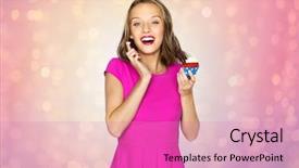  Presentation with teen food - Amazing PPT theme having people holidays party junk food and celebration concept - happy young woman or teen girl in pink dress eating birthday cupcake over rose quartz and serenity lights background backdrop and a coral colored foreground