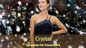  Presentation with golden woman - Presentation theme enhanced with people holidays royalty and christmas concept - smiling woman in evening dress wearing golden crown over snowy night city background background and a tawny brown colored foreground